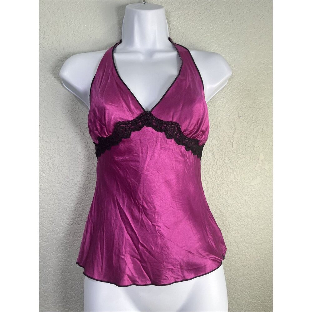 Halo Halter Camisole Women L Pink Satin Lace Trim‎ Y2K Coquette Boudoir Lingerie